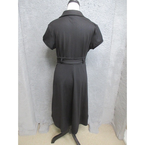 Robbie Bee Dress Womens 10 Black Wrap Belted Collared Short Sleeve Midi A Line - Picture 2 of 16